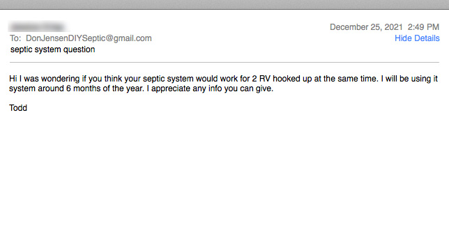 Email I received about the DIY septic system