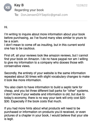 Email I received about the DIY Septic System