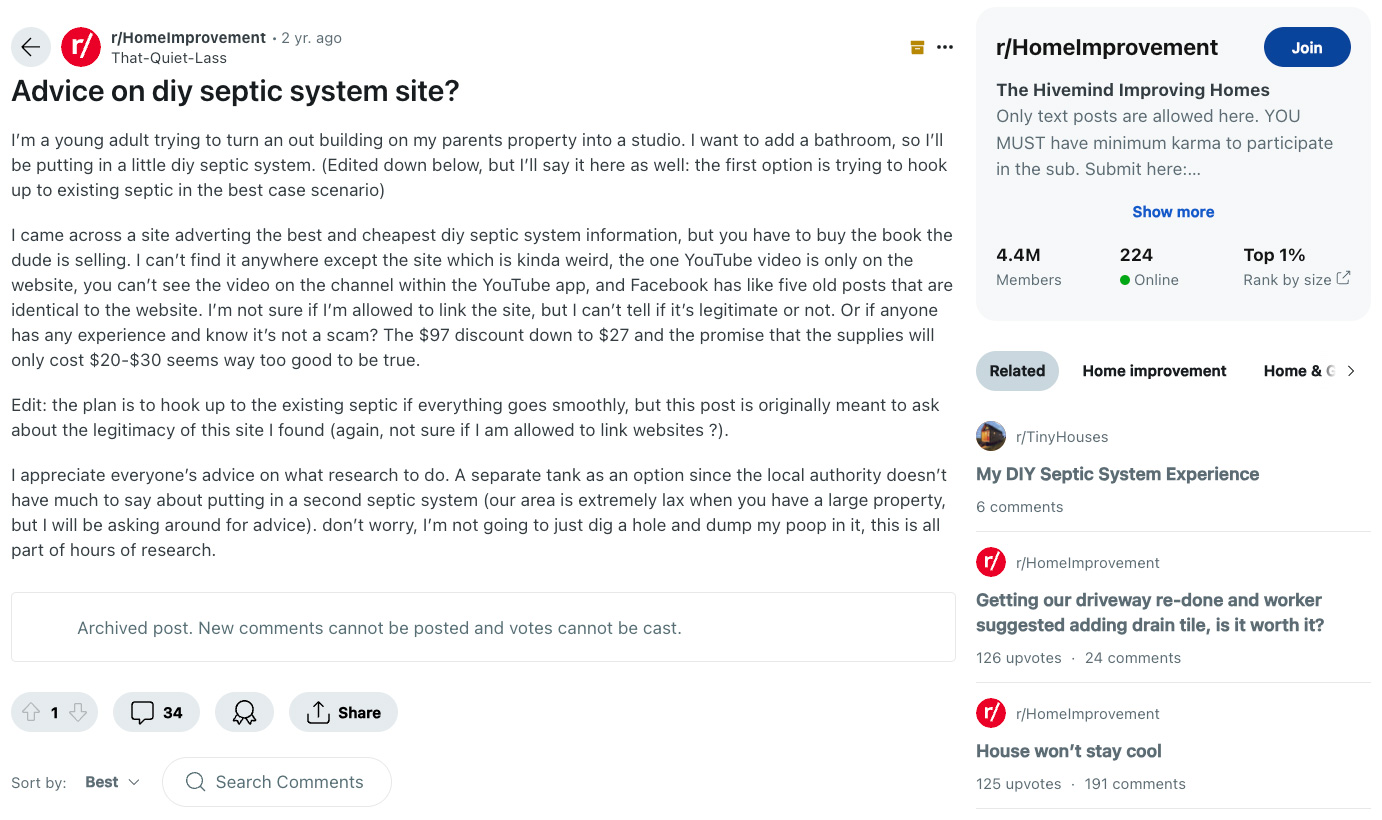 Reddit DIY Septic System Page