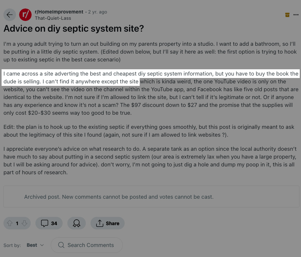 Reddit DIY Septic System Page Second Section